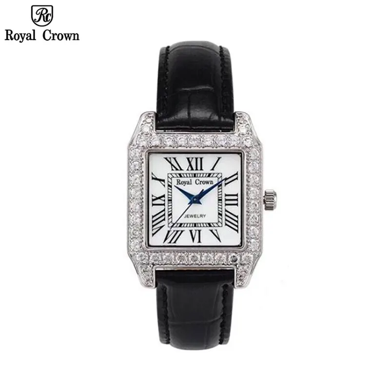 Ảnh Đồng hồ nữ chính hãng dây da Royal Crown 6104 mặt vuông, đính đá cao cấp, đeo tay đẹp, sang chảnh 1