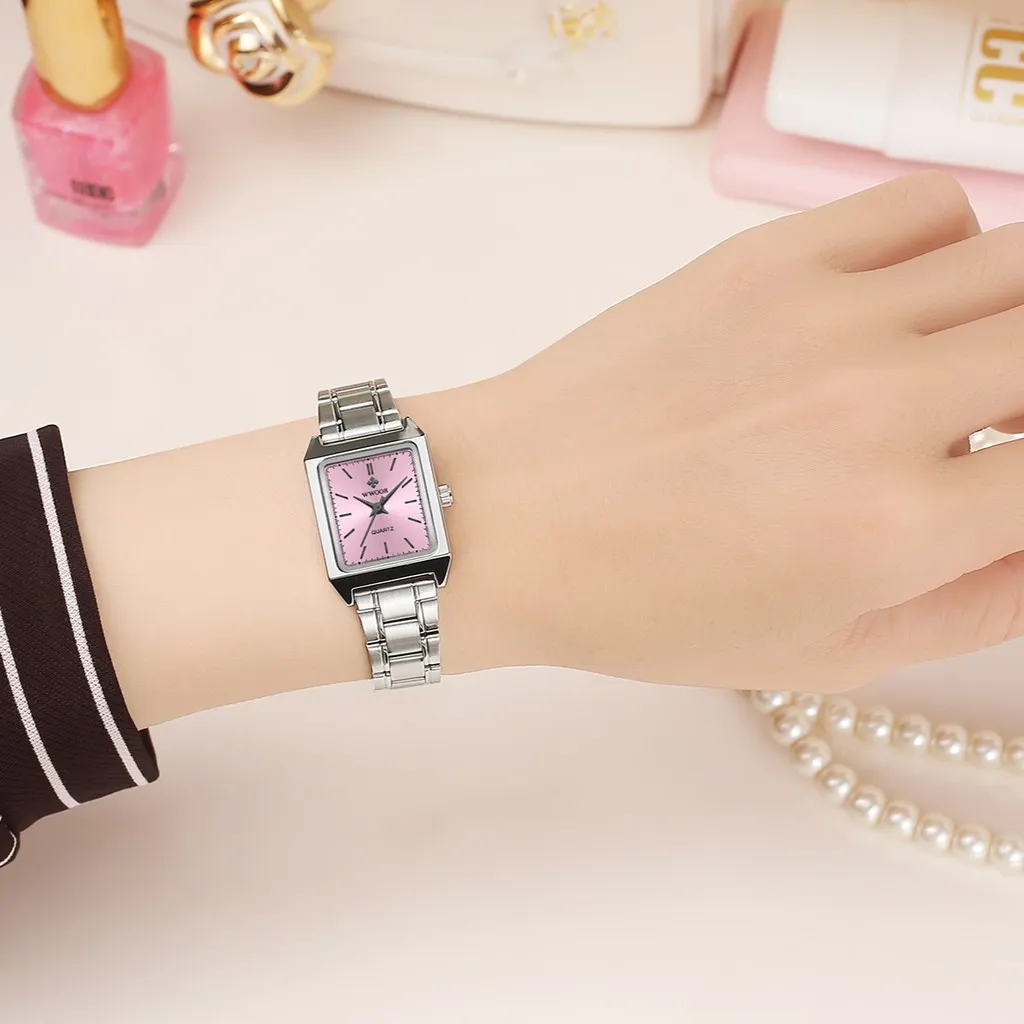 Ảnh Đồng Hồ Nữ Chống Thấm Nước WWOOR Mặt Vuông Màu Trắng Bằng Thép Không Gỉ Thời Trang 3