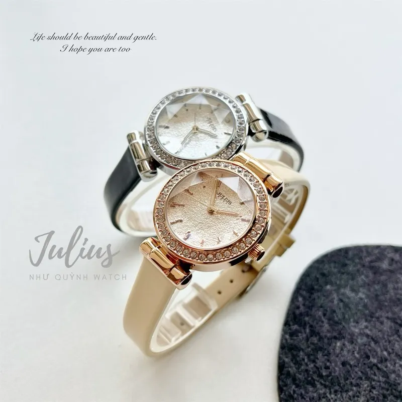 Ảnh Đồng hổ nữ Julius Hàn Quốc JA-778 size mặt 3cm dây da (Kem , Đen) 1