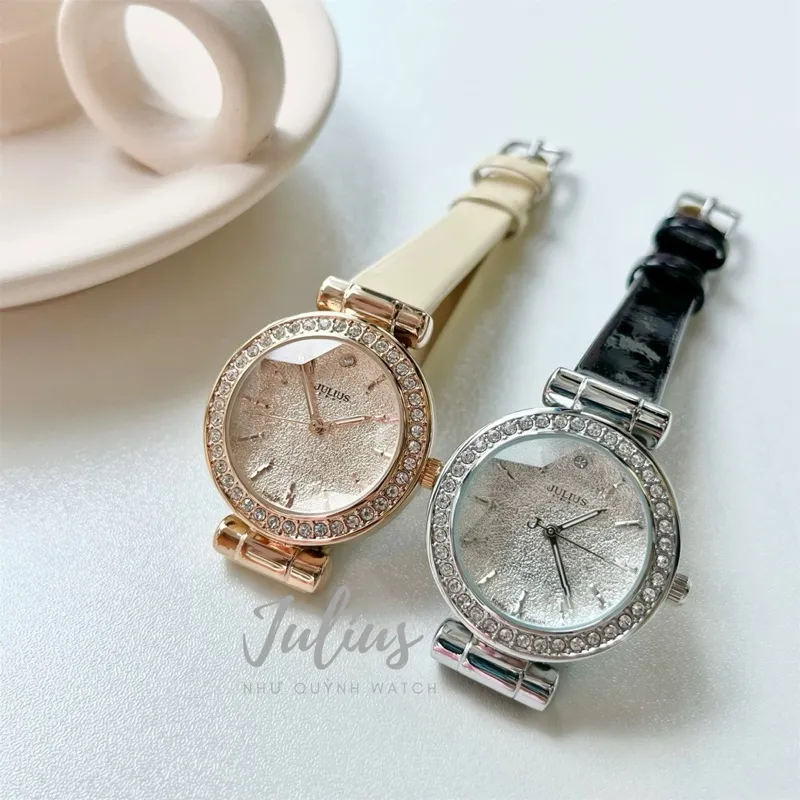 Ảnh Đồng hổ nữ Julius Hàn Quốc JA-778 size mặt 3cm dây da (Kem , Đen) 2