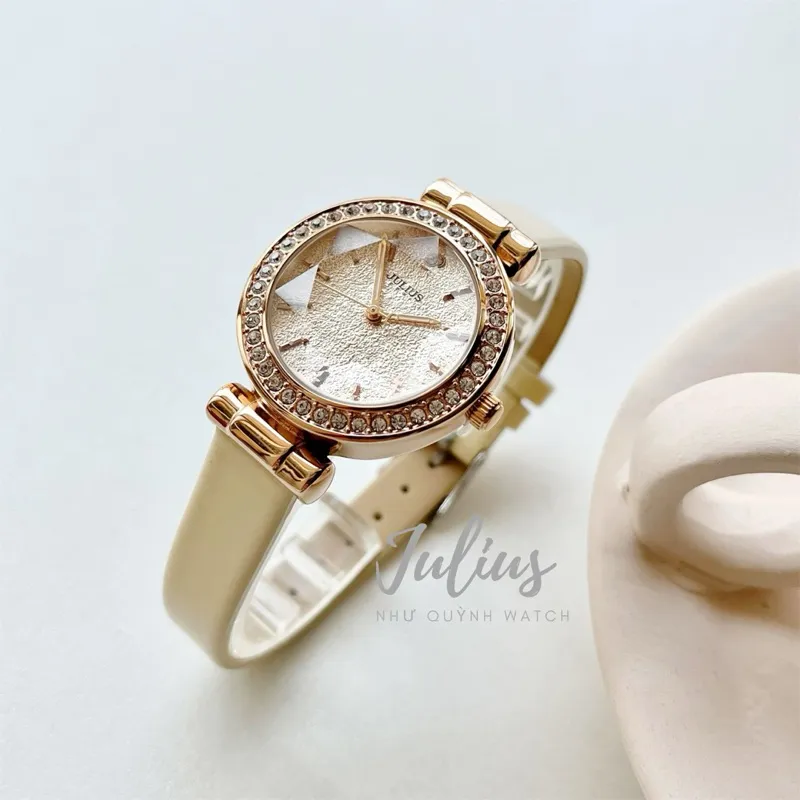 Ảnh Đồng hổ nữ Julius Hàn Quốc JA-778 size mặt 3cm dây da (Kem , Đen) 4