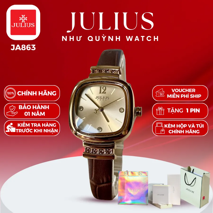 Ảnh Đồng hồ nữ Julius Hàn Quốc Ja-863 size mặt 2,8cm dây da (Nâu) 1