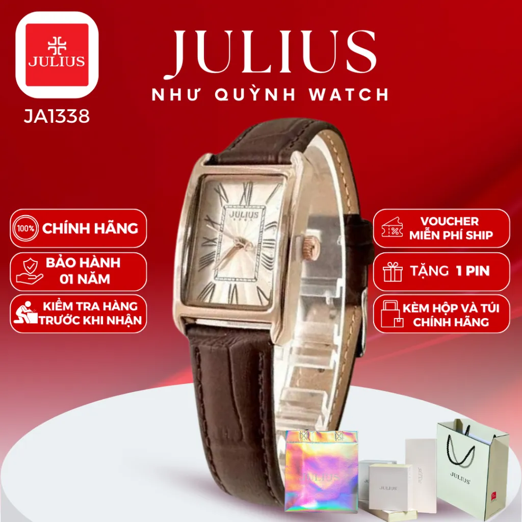 Ảnh Đồng Hồ Nữ Julius Hàn Quốc JA-1338 size mặt 19,5x31mm Dây Da (Nâu) 1