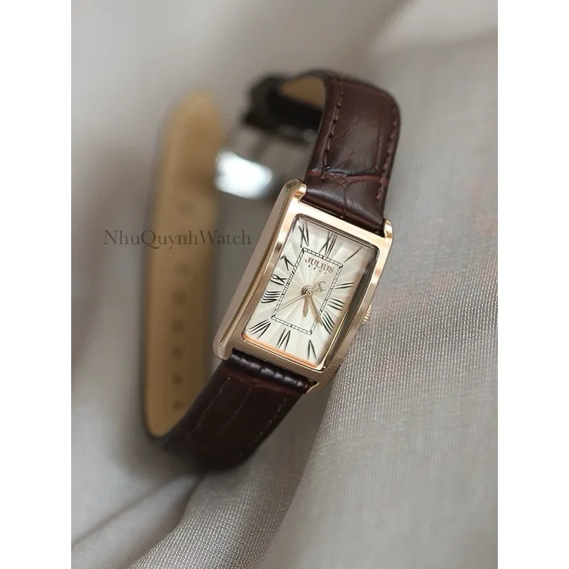 Ảnh Đồng Hồ Nữ Julius Hàn Quốc JA-1338 size mặt 19,5x31mm Dây Da (Nâu) 3