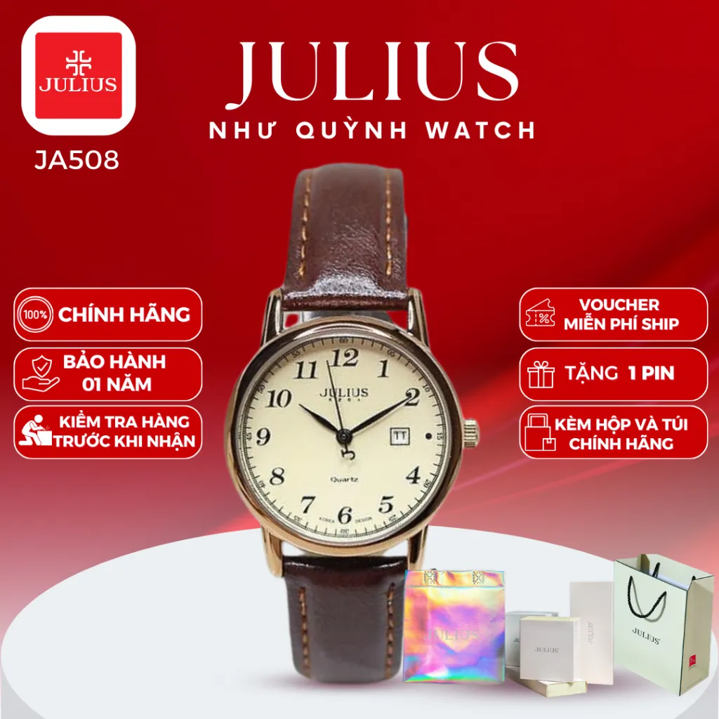 Ảnh Đồng Hồ Nữ Julius JA-508 Hàn Quốc size mặt 3,2cm Dây Da (Nâu Vàng) 1
