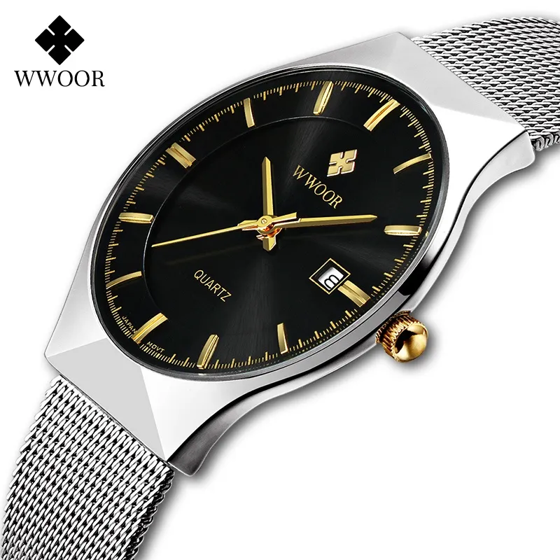 Ảnh Đồng Hồ Quartz WWOOR 8016 Bằng Thép Lưới Siêu Mỏng Chống Thấm Nước Màu Bạc Thời Trang Cho Nam 1
