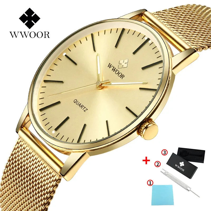 Ảnh Đồng Hồ Quartz WWOOR Mạ Vàng Sang Trọng Chống Thấm Nước Chất Liệu Thép Không Gỉ Xi Mạ 8832 1