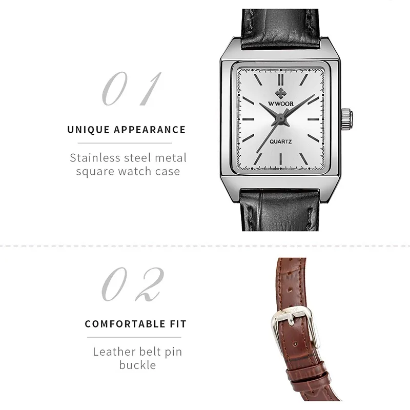 Ảnh Đồng Hồ Quartz WWOOR Mặt Chữ Nhật Dây Da Màu Đen reloj mujer-8850 3