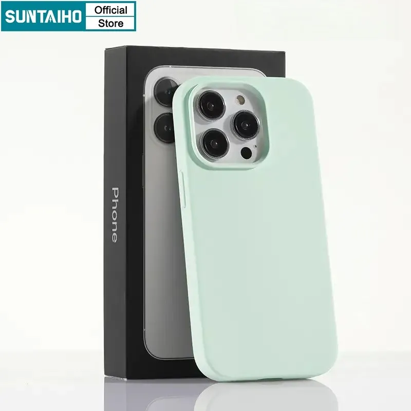 Ảnh Ốp điện thoại mềm silicon lỏng màu xanh thẩm mỹ cao cấp Suntaiho Cặp đôi cao cấp Vỏ chống sốc phong cách đơn giản cho IPhone 11 12 13 14 15 16 Pro Max IP 7 8 Plus Iphon X Xs XR Xs Max 4