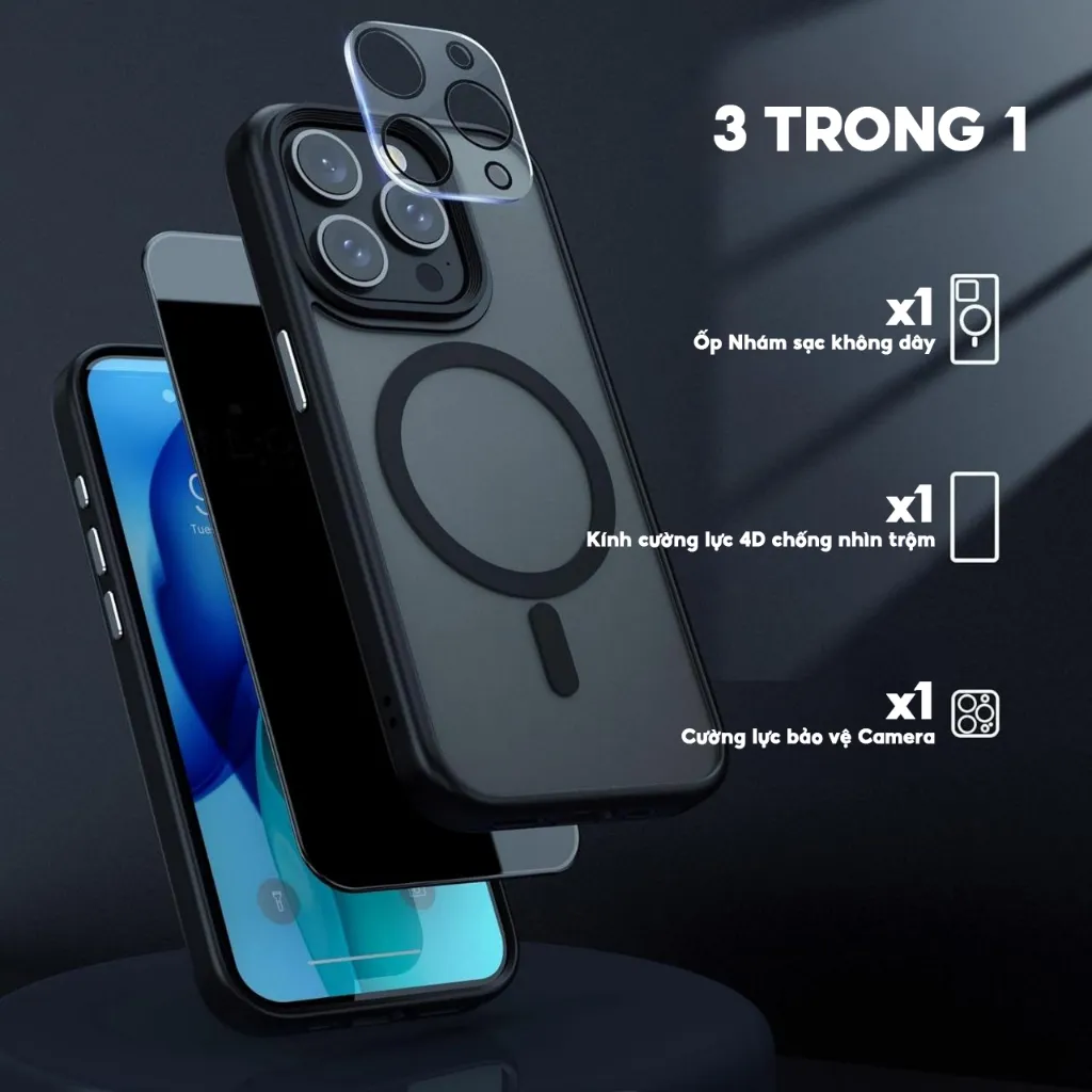 Ảnh 𝗖𝗢𝗠𝗕𝗢 - Ốp LIKGUS Nhám Sạc Không Dây, Chống Sốc, Chống Vân Tay + Kính Cường Lực Chống Nhìn Trộm + Bảo Vệ Camera 1