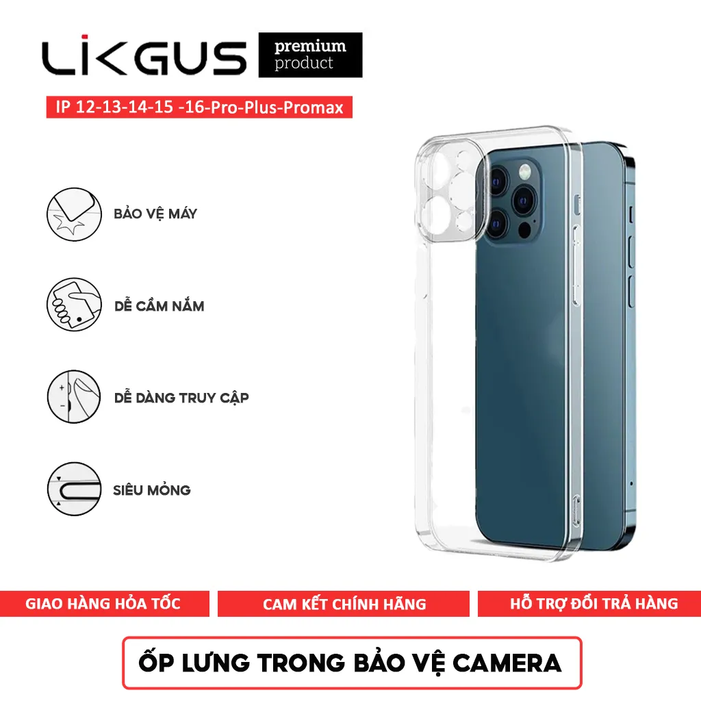 Ảnh Ốp Lưng CHÍNH HÃNG LIKGUS - Màng Bảo Vệ Camera Trong Suốt - Viền Cứng Không Ố Vàng Cho IP 16-15-14 1