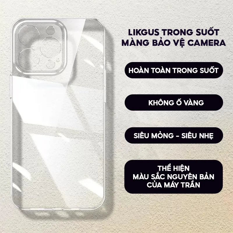 Ảnh Ốp Lưng Likgus Trong Suốt Màng Bảo Vệ Camera Full Cứng Không Ố Vàng Cho IP 14-15-16-Pro-Plus-Promax 1