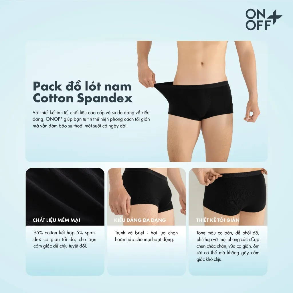 Ảnh Pack tiện lợi 3 quần lót nam ONOFF dáng trunk (boxer) thoáng mát, kháng khuẩn, khử mùi 18UO24A317 3