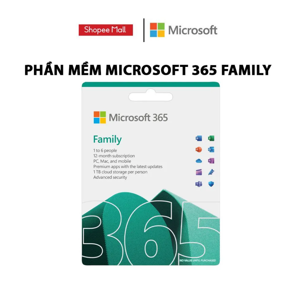 Ảnh Phần mềm Microsoft Office 365 Family |12 tháng | tối đa 6 người |5 thiết bị/người |Word, Excel, PowerPoint |1TB OneDrive 1