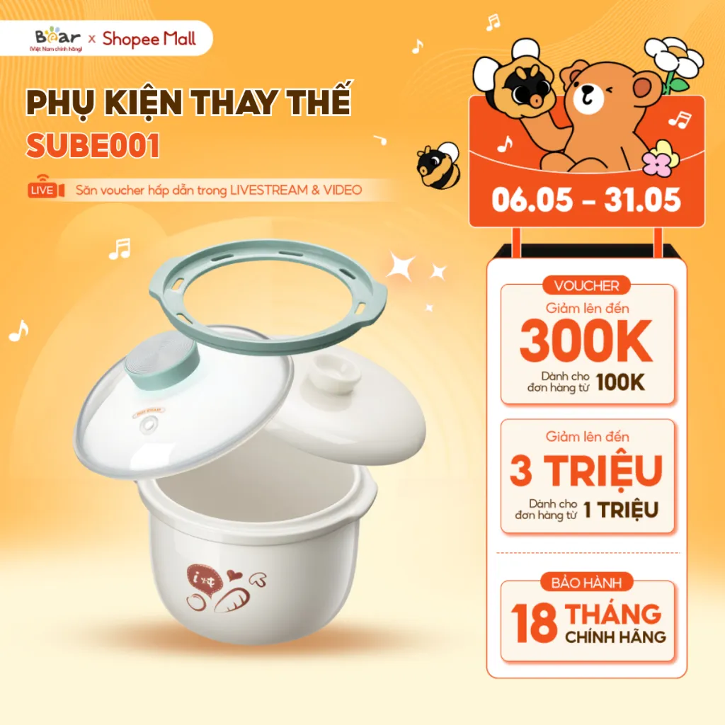 Ảnh Phụ Kiện Nồi Nấu Chậm SUBE001 Bear Thân Nắp Thố Tay Cầm Chống Bỏng Nắp Nhựa Xanh Vàng Hồng Nồi Nấu Cháo Chậm 1