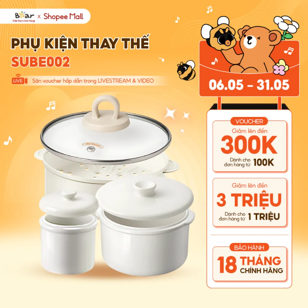 Ảnh Phụ Kiện Nồi Nấu Chậm SUBE002 Bear Thân Thố Sứ 0.5 1.6L Nắp Thố Sứ 0.5 1.6L Lồng Hấp Nắp Thủy Tinh Kem Hồng Nồi Nấu Chậm 1