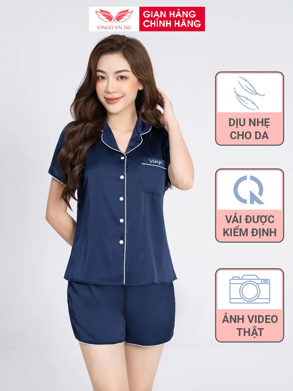 Ảnh Pijama mặc nhà đồ ngủ nữ lụa Pháp VINGO tay ngắn mùa hè H153 VNGO 1