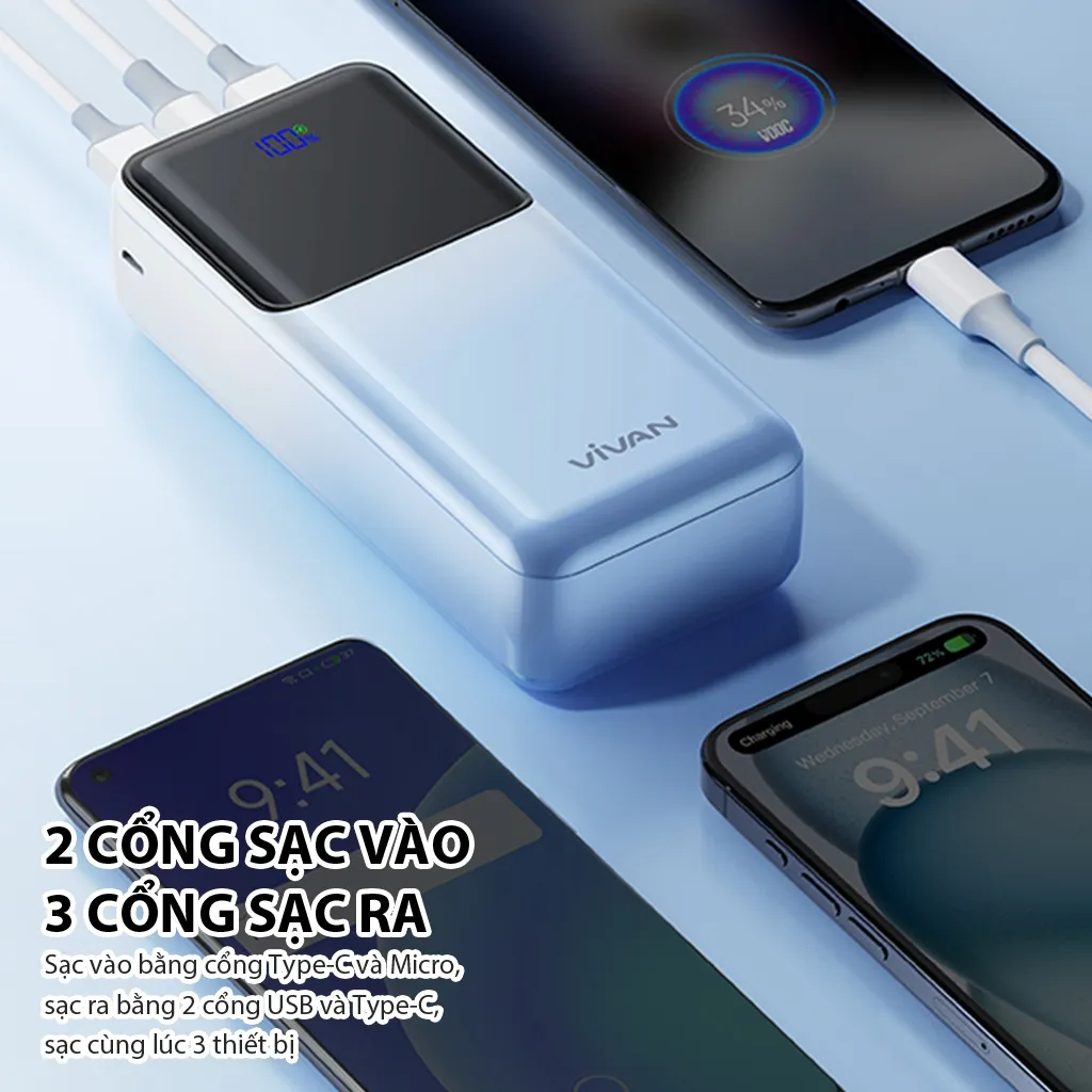 Ảnh Pin dự phòng sạc nhanh VIVAN VPB-D30 Xanh Trắng 30000mAh Hiển thị đèn LED PD+QC3.0 22.5W, 2 cổng sạc vào - 3 cổng sạc ra 2