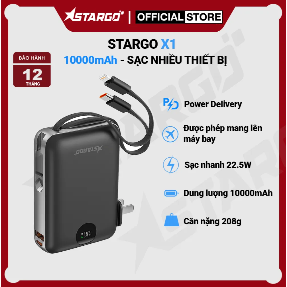 Ảnh Pin dự phòng StarGO Star X1 dung lượng 10000mAh công suất 22.5W tích hợp 2 cáp lighting và type-c 1