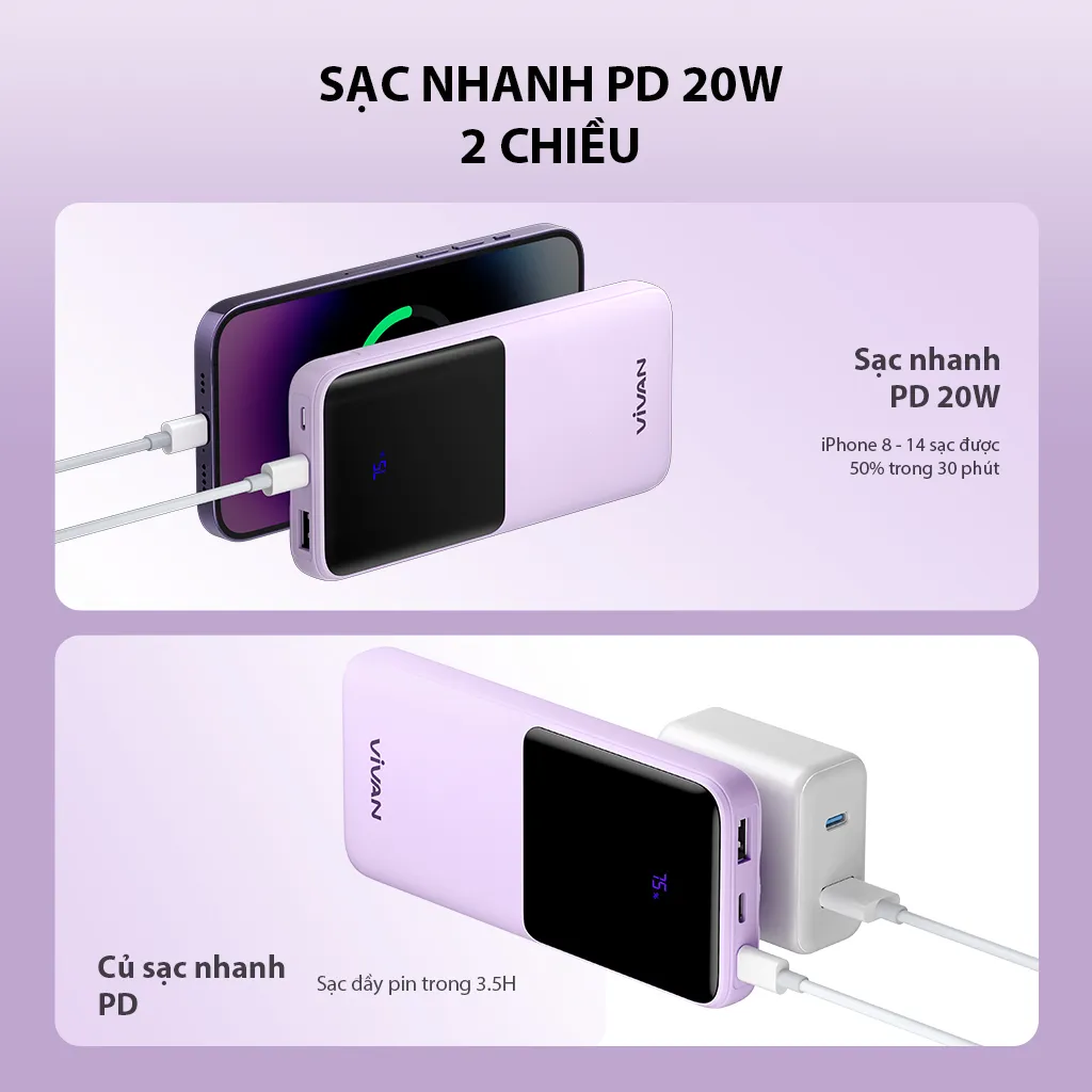 Ảnh Pin Sạc Dự Phòng 10000mAh VIVAN VPB-E10 Tích Hợp Dây Sạc, 4 OUTPUT Công Suất 22.5W, Hỗ Trợ PD/ QC3.0/ VOOC 4