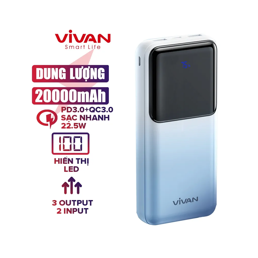 Ảnh Pin Sạc Dự Phòng 20000mAh VIVAN VPB-D20, 3 Cổng Sạc Ra Công Suất 22.5W Màn Hình LED Hiển Thị Pin Hỗ Trợ PD/ QC3.0/ VOOC 2