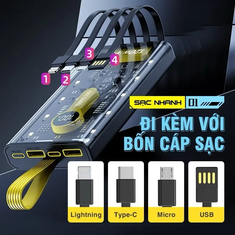 Ảnh Pin Sạc Dự Phòng 30000 50000MAH sạc nhanh PD120W/20W trong suốt tích hợp 4 dây sạc tích hợp đèn led chiếu sáng 3