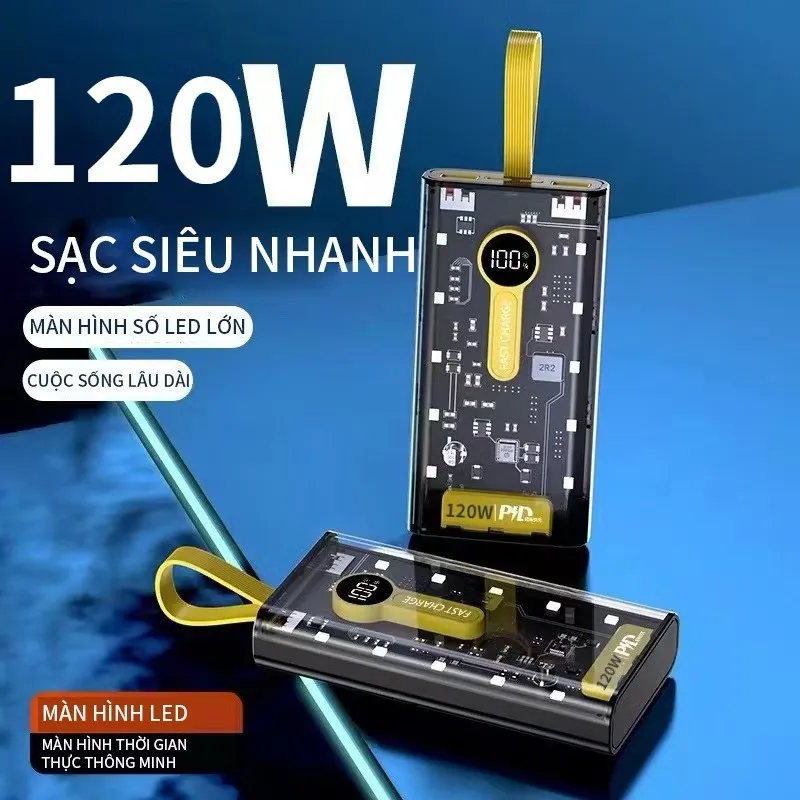 Ảnh Pin Sạc Dự Phòng 30000 50000MAH sạc nhanh PD120W/20W trong suốt tích hợp 4 dây sạc tích hợp đèn led chiếu sáng 4