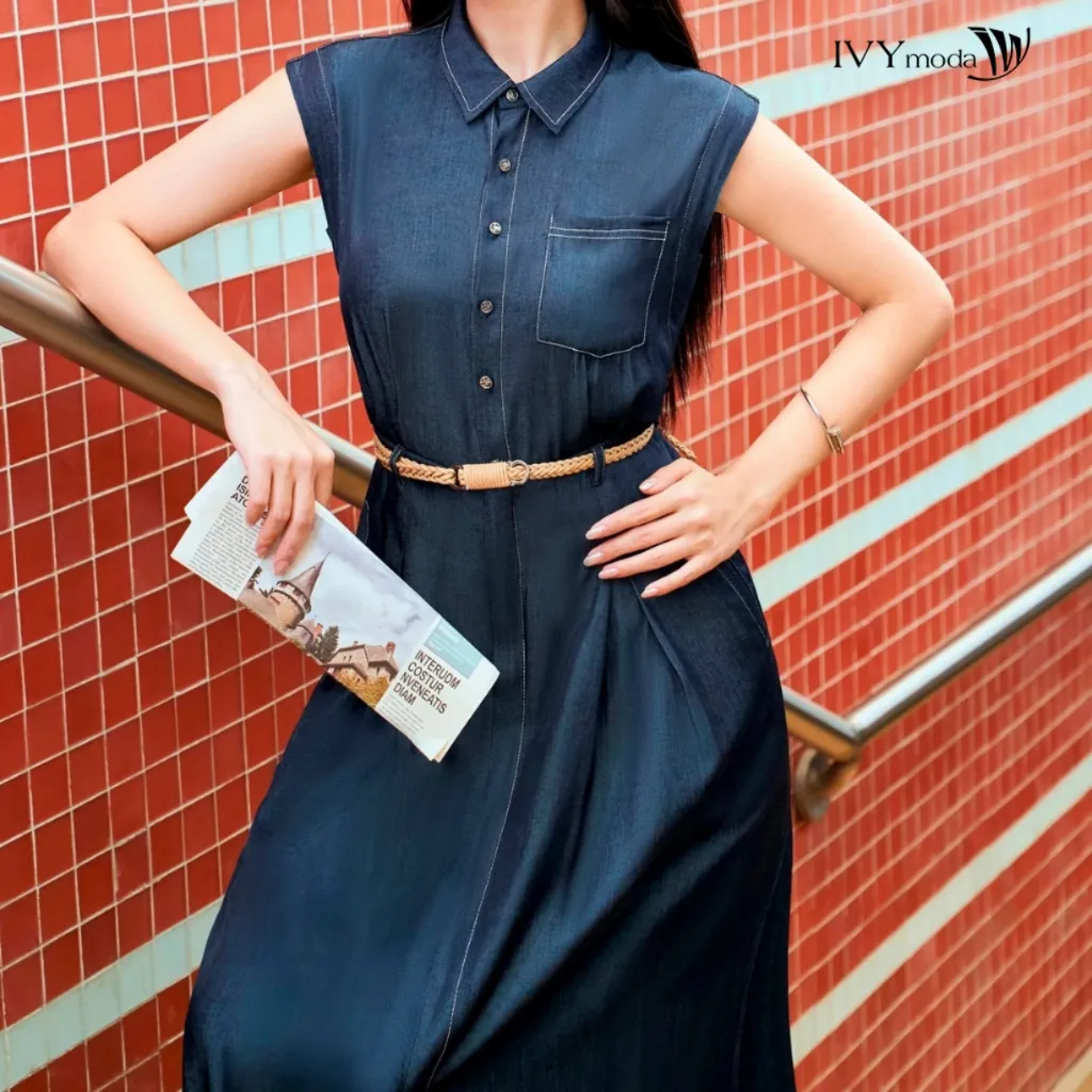 Ảnh Pleated Denim Dress - Đầm cổ đức, Đầm nữ công sở dạo phố IVY moda MS 47B0103 4
