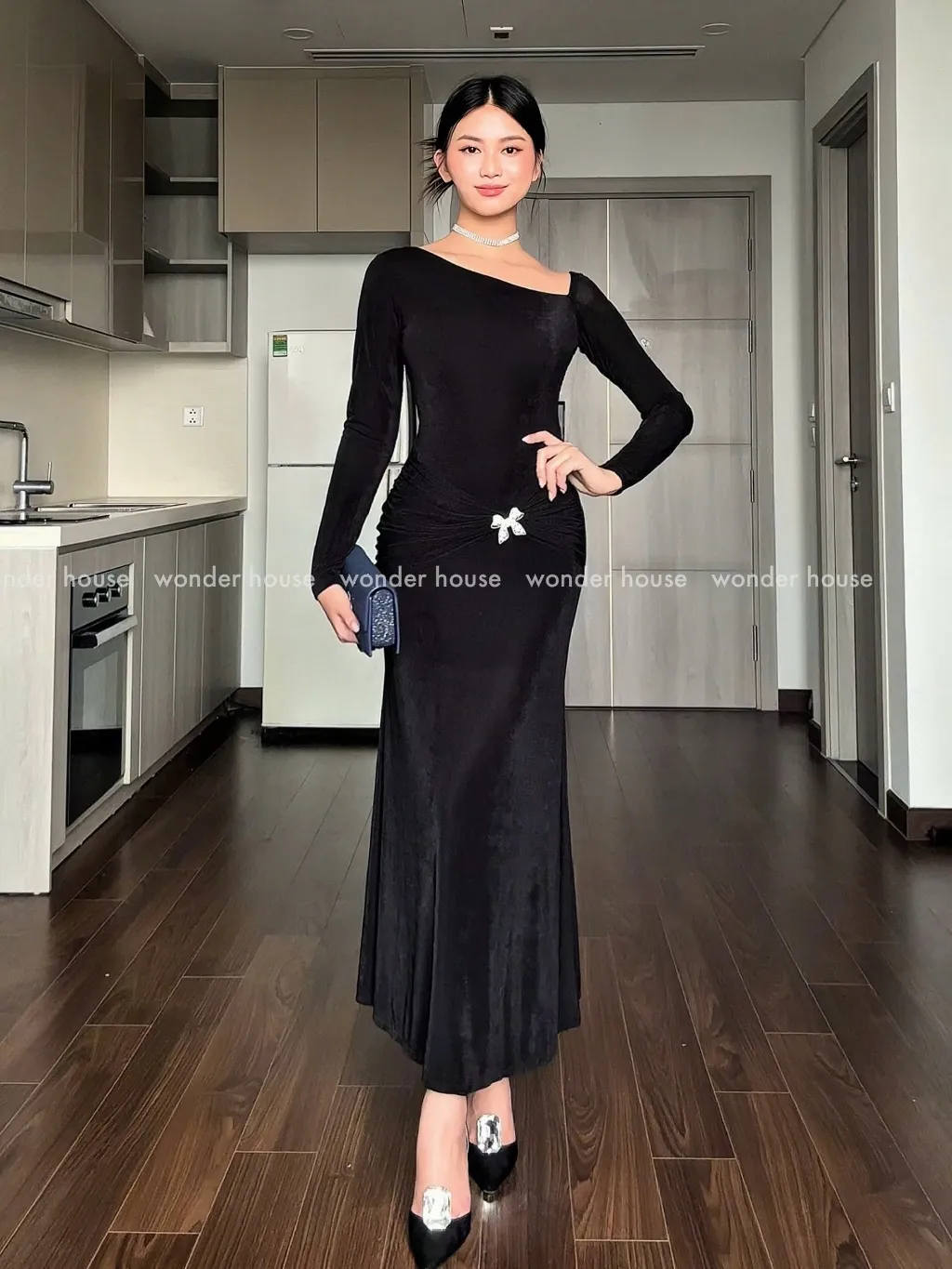 Ảnh Poly Dress Wonderhouse Đầm thiết kế hở vai dáng dài chất vải thun nhũ co giãn nhiều dự tiệc, dạo phố sang trọng nữ tính 3
