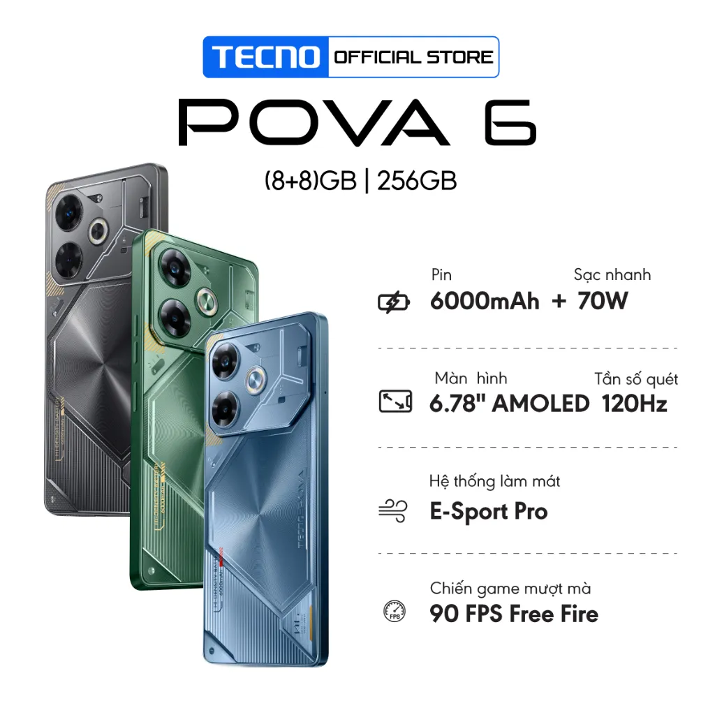 Ảnh [Quà tặng kèm có hạn] Điện thoại gaming Tecno Pova 6 (8+8)GB/256GB I 6000mAh + 70W I AMOLED 120Hz I 108MP 1