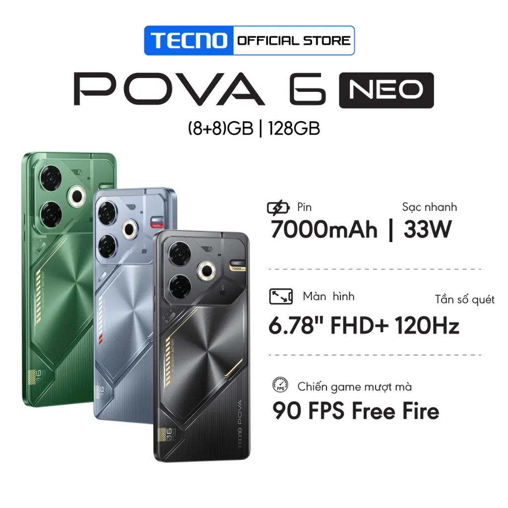 Ảnh [Quà Tặng kèm có hạn] Điện thoại Tecno Pova 6 Neo (8GB/128GB) - Helio G99 Ultimate | 7000 mAh | Sạc nhanh 33W 1