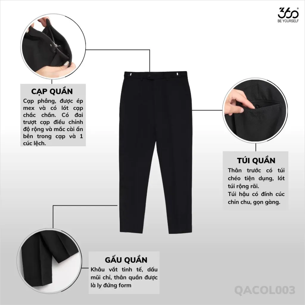 Ảnh Quần âu nam cạp trượt dáng crop trẻ trung 360 Boutique quần tây đen chất liệu dày dặn - QACOL515 2