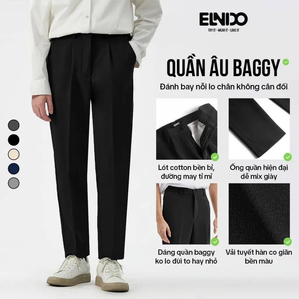 Ảnh Quần âu nam ELNIDO vải lụa hàn co giãn kiểu dáng baggy nam không nhăn không xù thời trang ED04 2