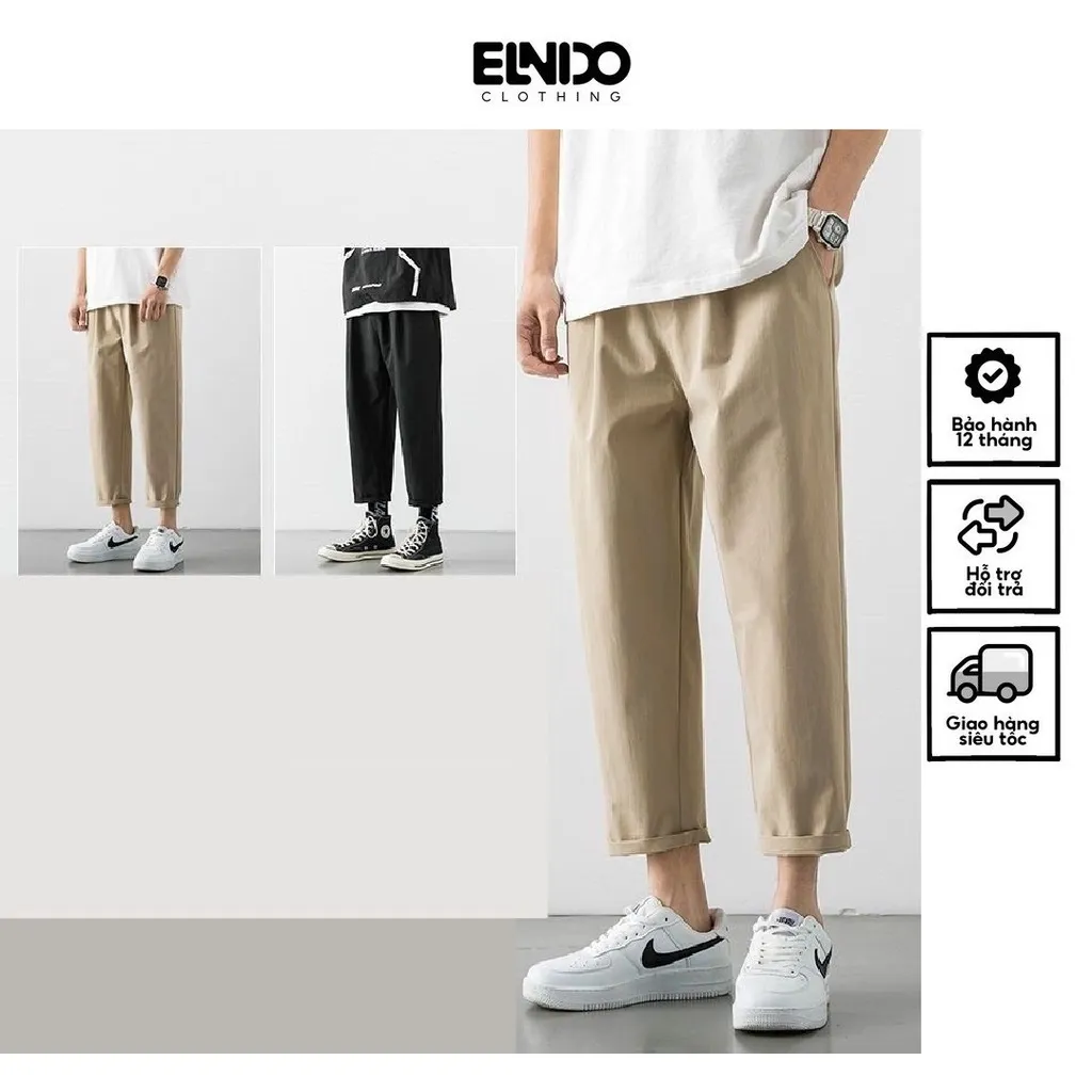 Ảnh Quần Baggy Kaki Unisex Basic nam nữ cạp chun ống rộng phong cách Hàn Quốc ELNIDO 2