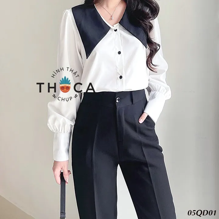 Ảnh Quần baggy nữ công sở kiểu lỡ nút trơn đen 186 THOCA HOUSE quần tây chuẩn form cao cấp tôn chân dài 3