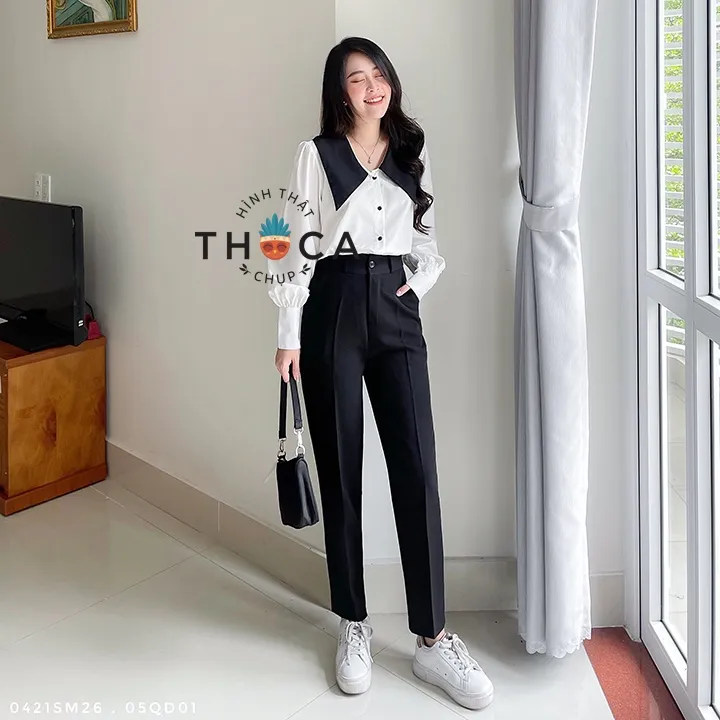Ảnh Quần baggy nữ công sở kiểu lỡ nút trơn đen 186 THOCA HOUSE quần tây chuẩn form cao cấp tôn chân dài 4