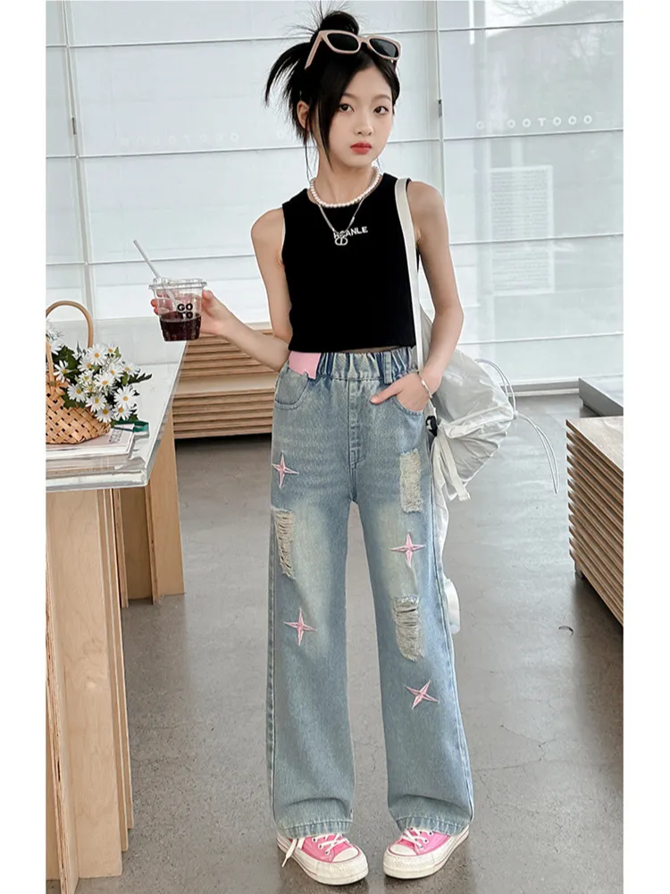 Ảnh Quần Bò Ống Suông Quần Jean Ống Rộng Thời Trang Cho Các Bé Gái Cao Dưới 1m7  - Babimama - J109 2