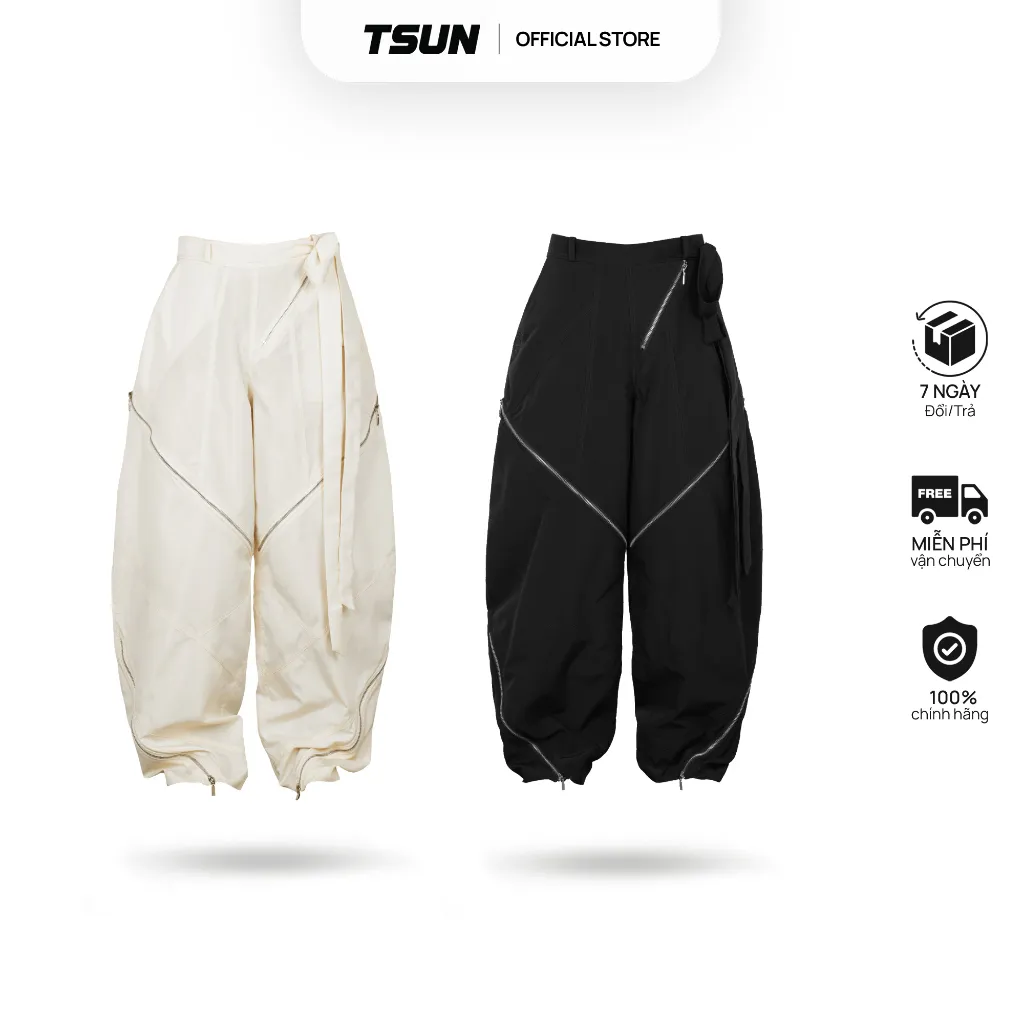 Ảnh Quần Dài Dù Phối Dây Kéo Kim Loại - Màu Kem và Đen - Brand TSUN Chính Hãng [UNISEX] Form Ống Rộng 1