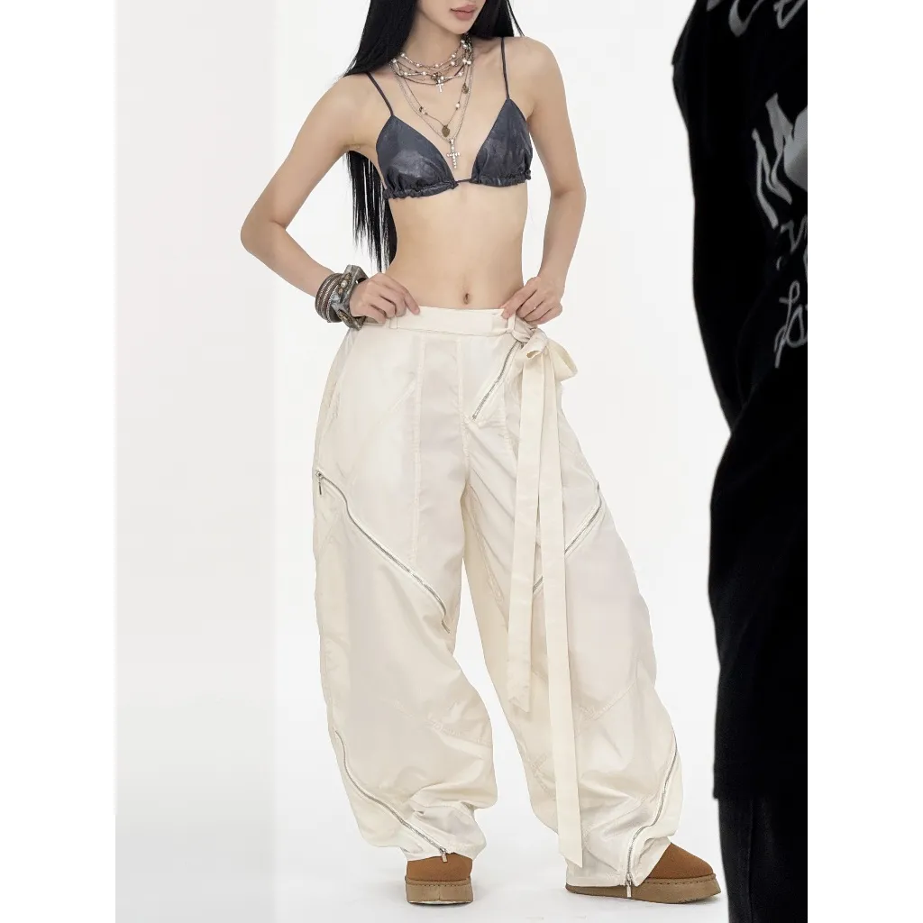 Ảnh Quần Dài Dù Phối Dây Kéo Kim Loại - Màu Kem và Đen - Brand TSUN Chính Hãng [UNISEX] Form Ống Rộng 2