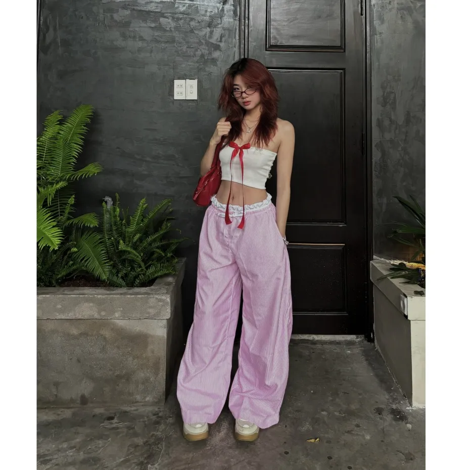 Ảnh Quần Dài Kẻ Sọc SAIGONESE Quần Lưng Chun Ống Rộng Form Ống Suông Vải Kate Unisex 3