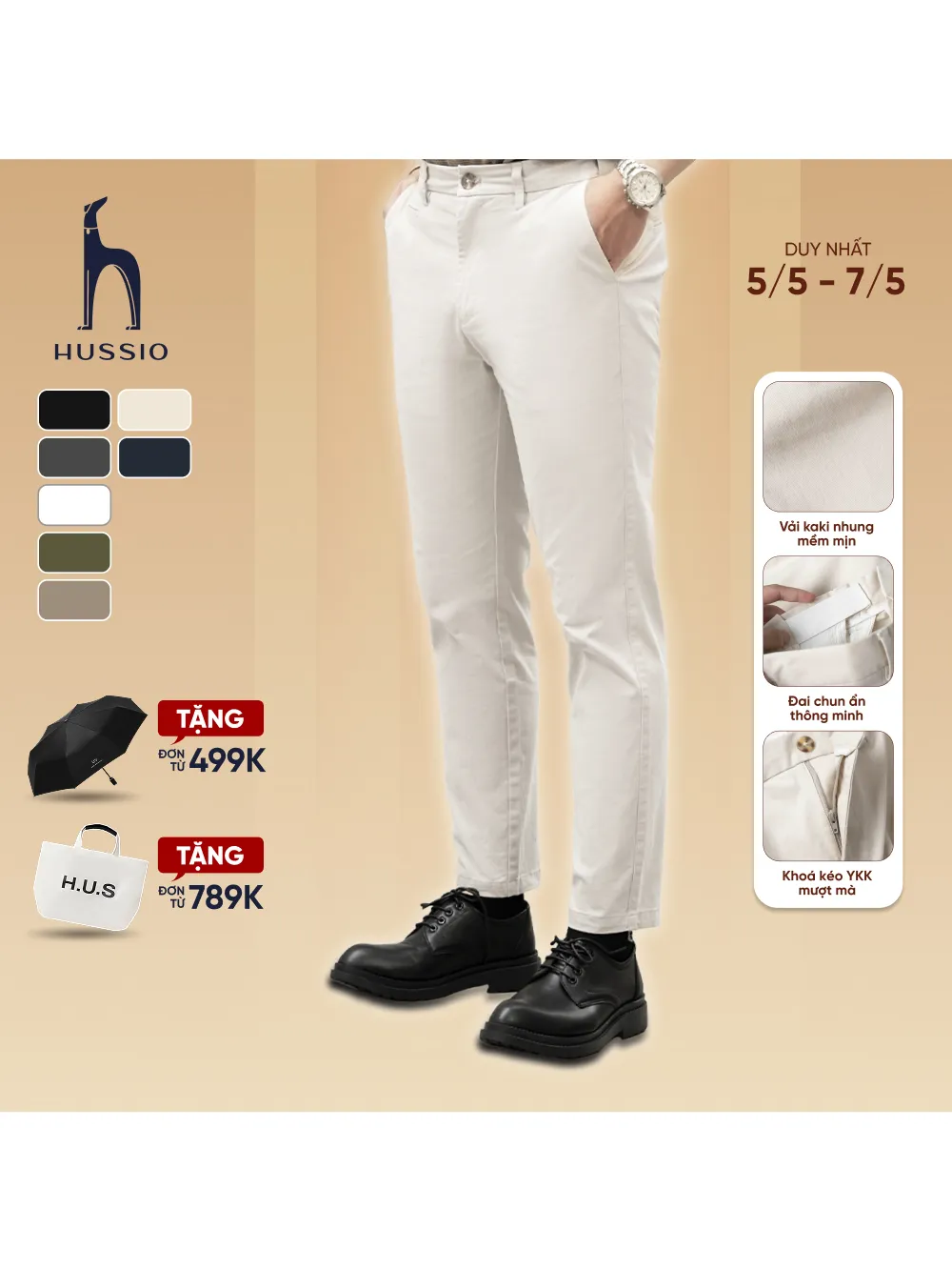 Ảnh Quần dài nam CHINOS vải Kaki nhung cao cấp, co giãn, mềm mịn, trẻ trung, thanh lịch - HUSSIO 1