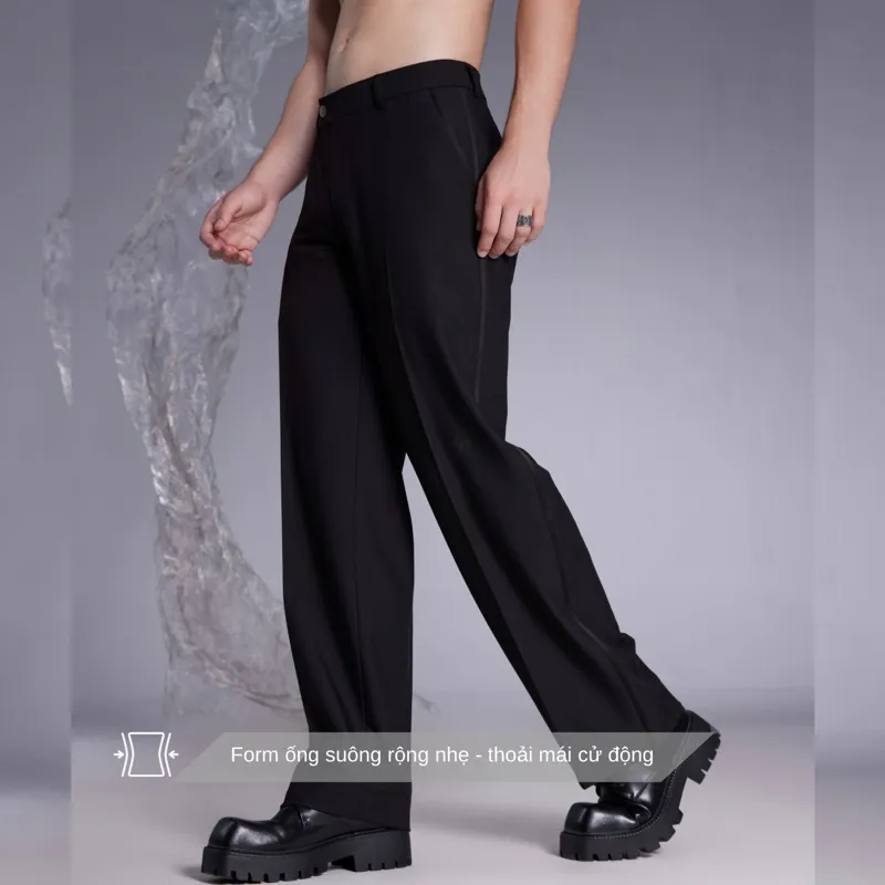 Ảnh Quần dài nam ống suông rộng màu đen SIMTU điểm nhấn viền line da bóng, chất liệu cotton co giãn 2c | QT009 1