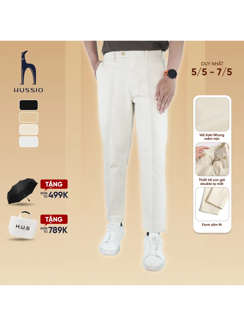 Ảnh Quần dài tây nam ELEGANCE PANTS vải kaki nhung xuất xịn, lưng thun co dãn, dáng ủi xếp ly - HUSSIO 1