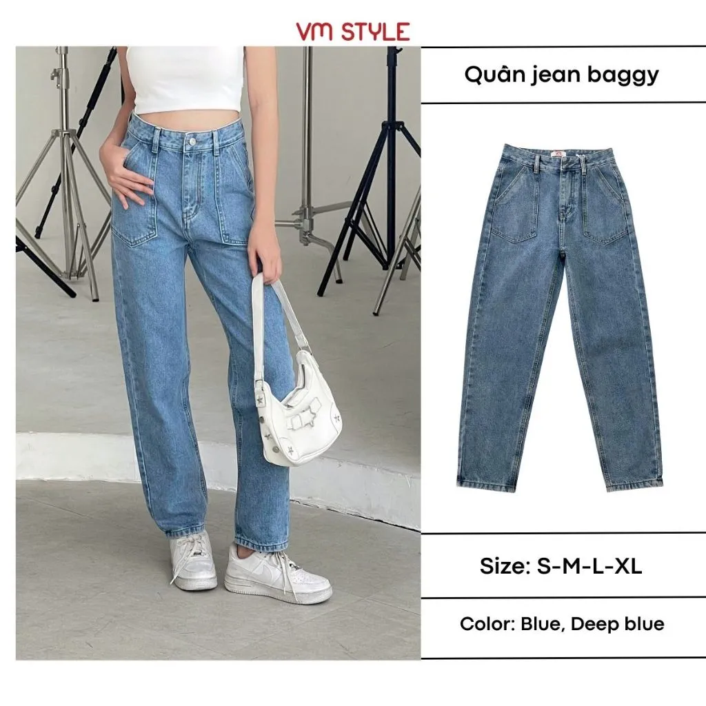 Ảnh Quần jean baggy nữ VMSTYLE lưng cao túi kiểu trơn (không co giãn) đi học, đi chơi D59-N58 QJB00019 2