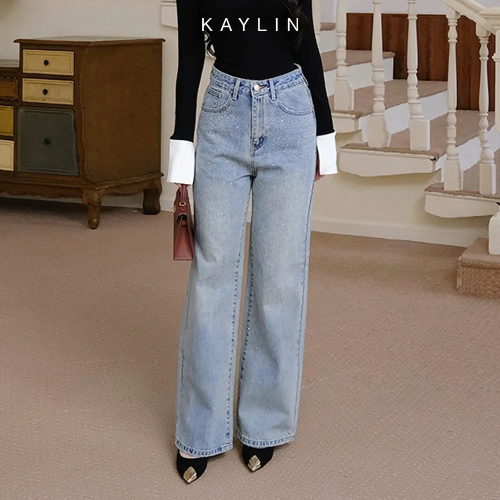 Ảnh Quần Jean KAYLIN Basic form suông đính hạt chất vải denim dầy dặn phong cách - N2368 2