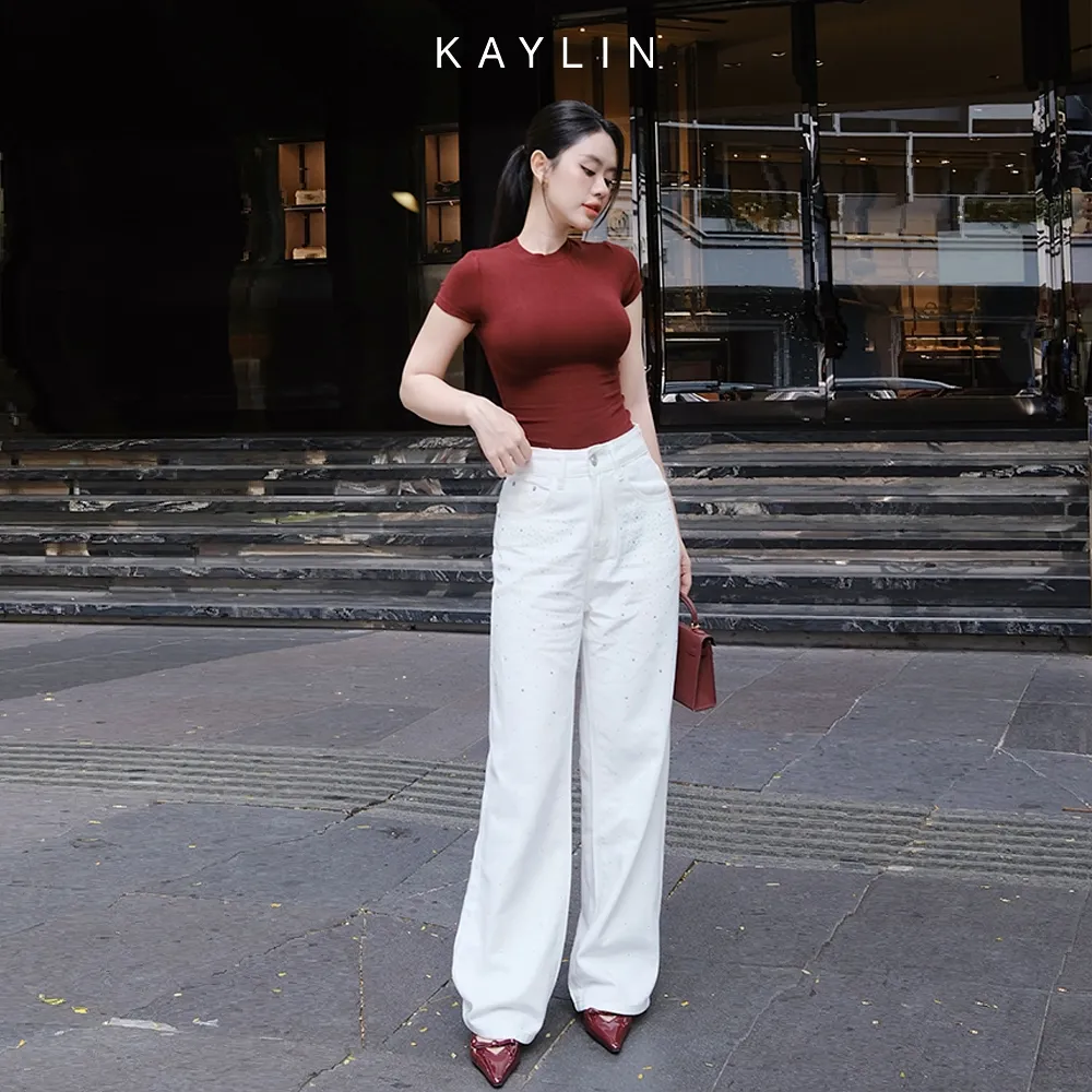 Ảnh Quần Jean KAYLIN Basic form suông đính hạt chất vải denim dầy dặn phong cách - N2368 4