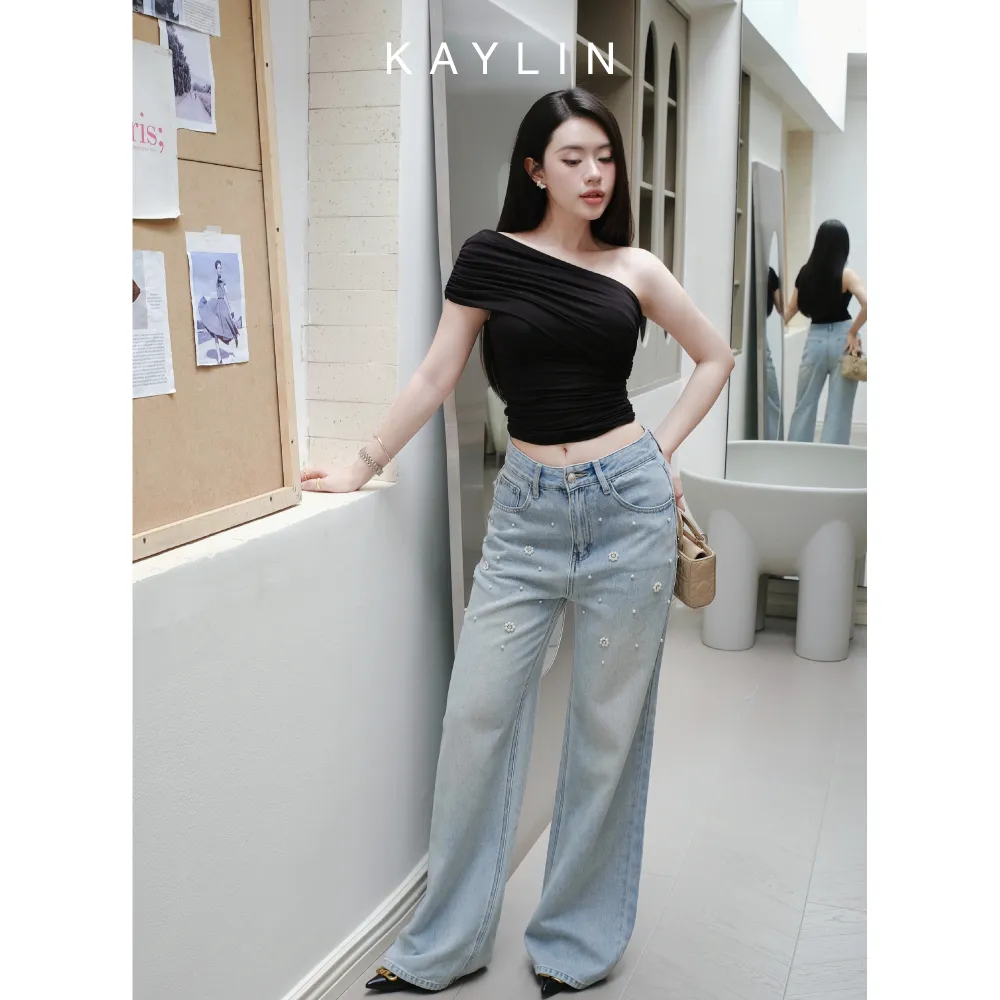 Ảnh Quần JEAN KAYLIN form suông đính ngọc chất vải denim dầy dặn BST Hè 2025 - N2450 2