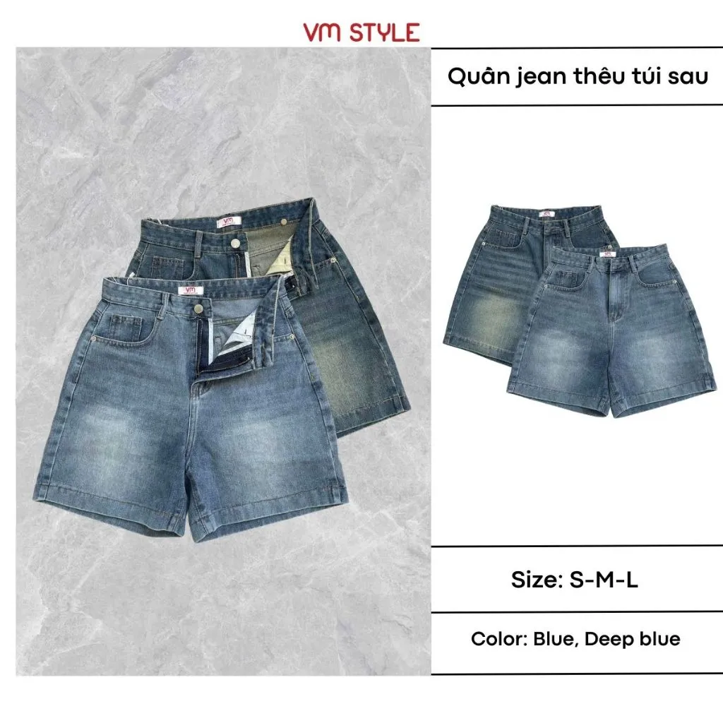 Ảnh Quần jean ngố cạp cao VMSTYLE Short jean ống rộng trơn túi thêu nơ đi học, đi chơi LJU00042 1