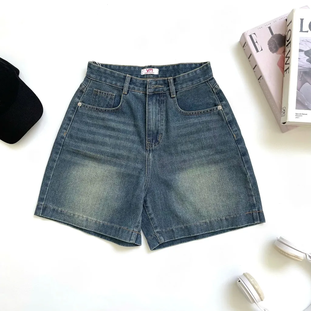 Ảnh Quần jean ngố cạp cao VMSTYLE Short jean ống rộng trơn túi thêu nơ đi học, đi chơi LJU00042 2
