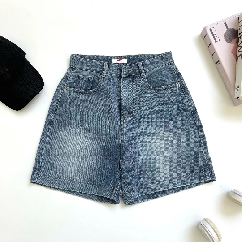 Ảnh Quần jean ngố cạp cao VMSTYLE Short jean ống rộng trơn túi thêu nơ đi học, đi chơi LJU00042 4